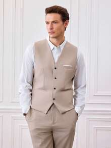 Officeau 男士米色修身西装三件套：外套、马甲和西裤，经典正式商务婚礼着装，休闲男士西装外套 - 米色 - 查看 5