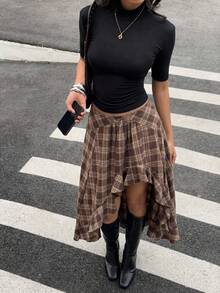 MainGRL SHEIN 春夏女装青春活力休闲高开衩荷叶边格纹中长裙，春夏女装，休闲女装，外出穿着 - 彩色 - 查看 4