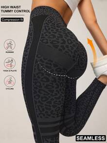 Dewbera Leopard Print High Waist Tight Yoga Leggings - Black - View 2