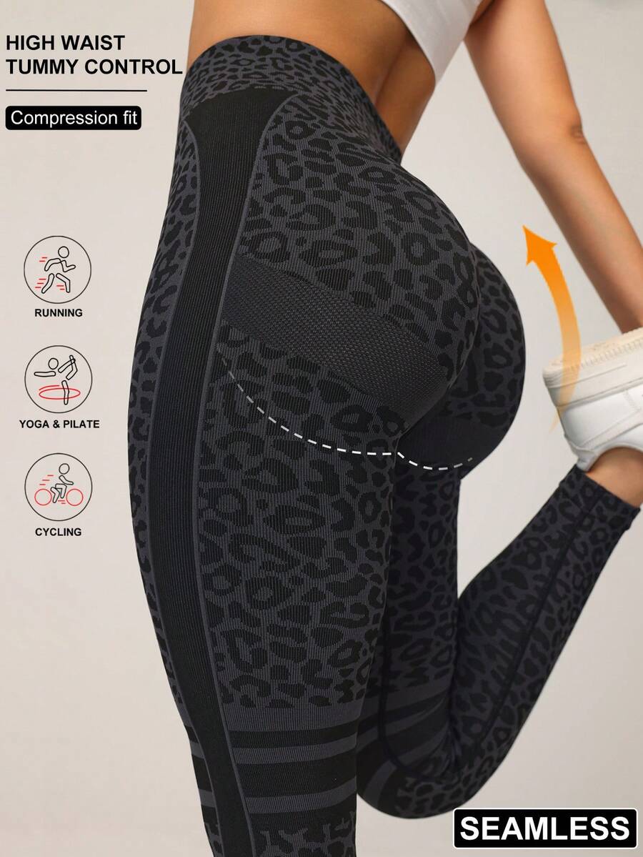 Dewbera Leopard Print High Waist Tight Yoga Leggings - Black - View 1