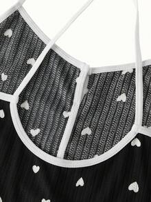 Heart Print Contrast Binding Bow Front PJ Set / Pajama Set - Black - View 10