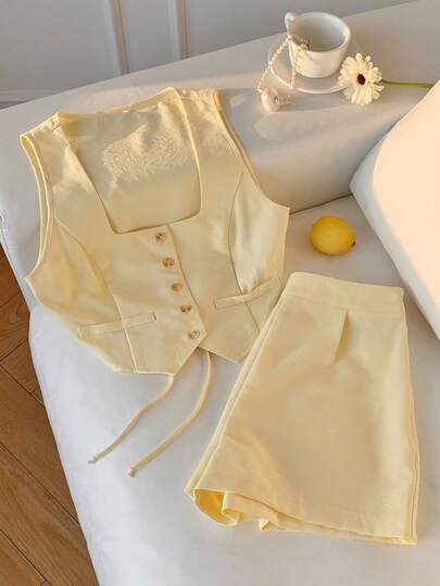 Comfortcana Women's Solid Color Single-Breasted Vest And Shorts 2 Pieces Set