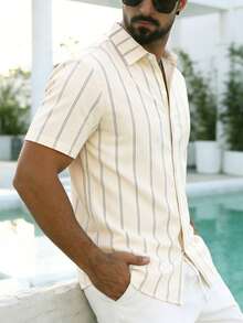 Manfinity Dauomo 男士休闲衬衫，竖条纹印花图案，常规版型衬衫，时尚设计 - 彩色 - 查看 3