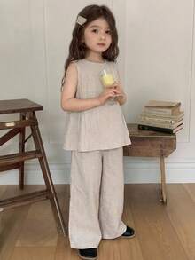 DAZY Girls (Small) Korean Style Summer Sleeveless Blouse Top And Wide Leg Casual Pants Set - Apricot - View 2