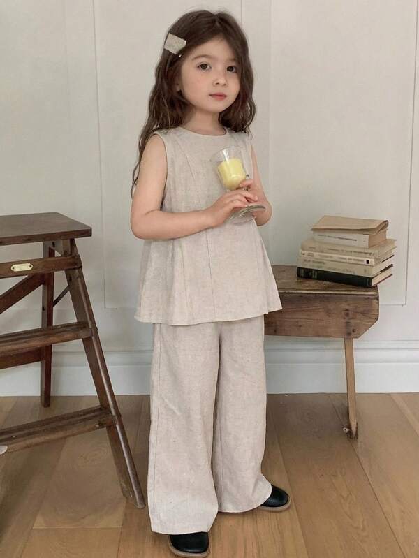 DAZY Conjunto de blusa sin mangas y pantalones anchos de estilo coreano de verano para niñas (talla pequeña)