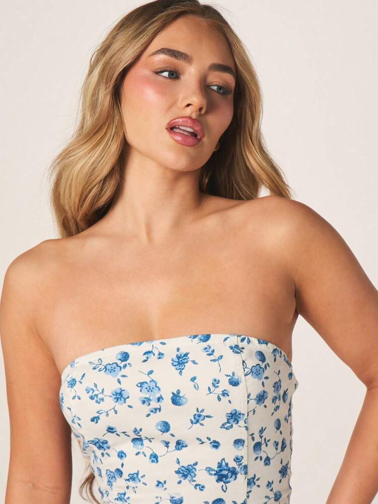 MISSGUIDED Strapless Floral Denim Bodycon Mini Dress