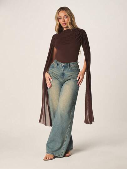 MISSGUIDED 女士棕色长款斗篷袖高领连体衣，露背镂空设计