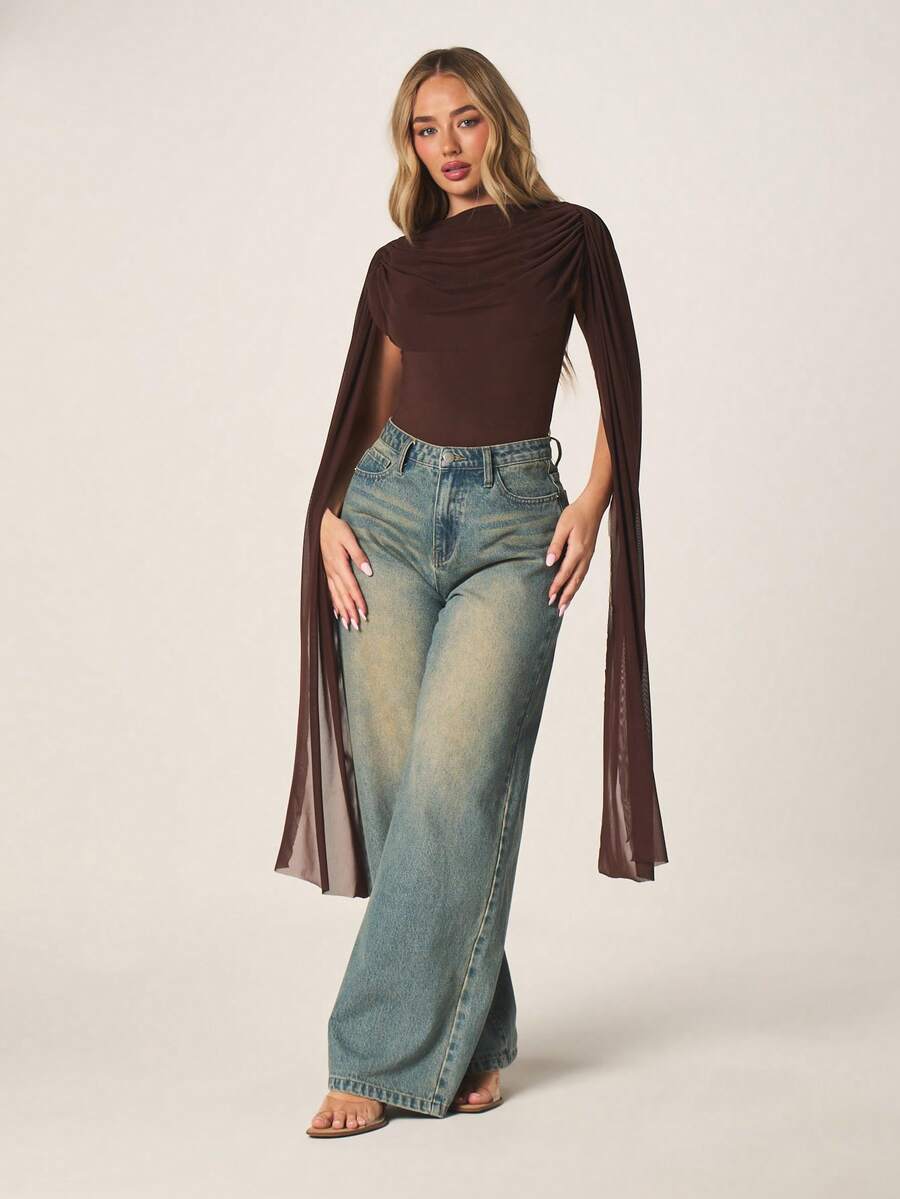 MISSGUIDED 女士棕色长款斗篷袖高领连体衣，露背镂空设计 - 咖啡棕 - 查看 1