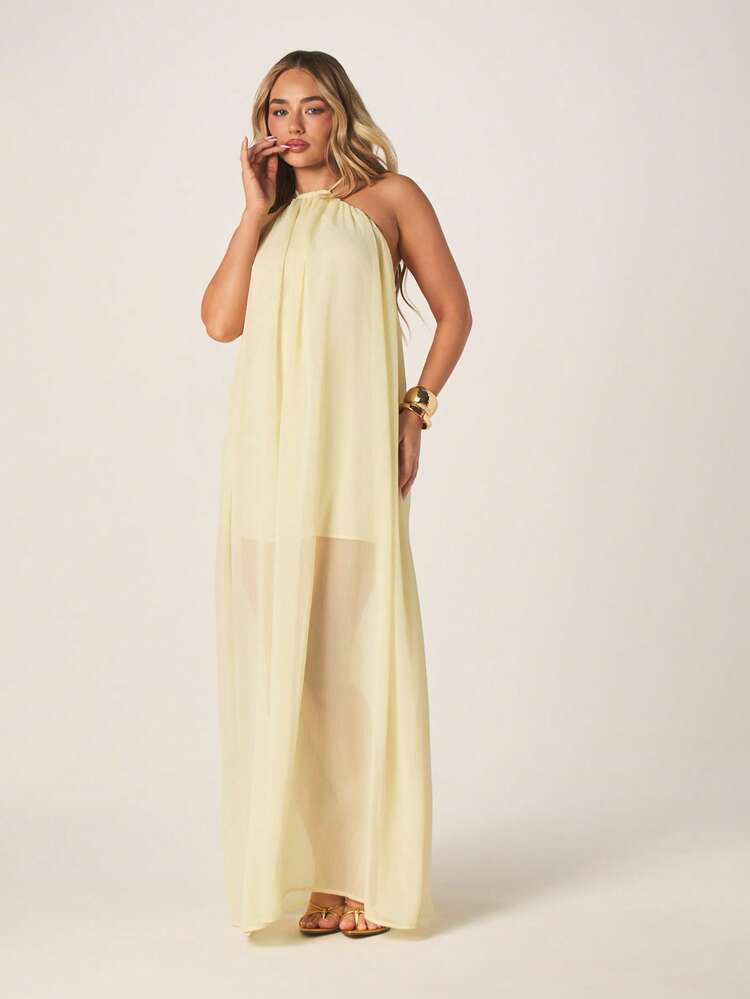 MISSGUIDED Women's Yellow Chiffon Halter Neck Backless Maxi Dress Summer Beach Wedding Guest Evening Flowing Sleeveless Party Gown