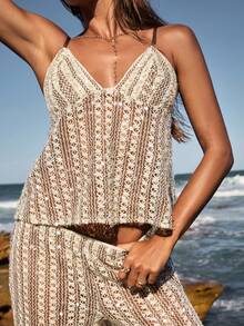 SHEIN BAE Áo hai dây móc len kẻ sọc nhiều màu sắc dành cho nữ, thích hợp mặc mùa hè/kỳ nghỉ biển/khu nghỉ dưỡng French Riviera/kỳ nghỉ ở Ý/kỳ nghỉ thường ngày/chuyến đi nghỉ dưỡng trên đảo/tuần trăng mật, thích hợp cho kỳ nghỉ biển, lễ hội âm nhạc, áo hai dây kẻ sọc, áo hai dây phong cách Bohemian. - màu nâu - Xem 6