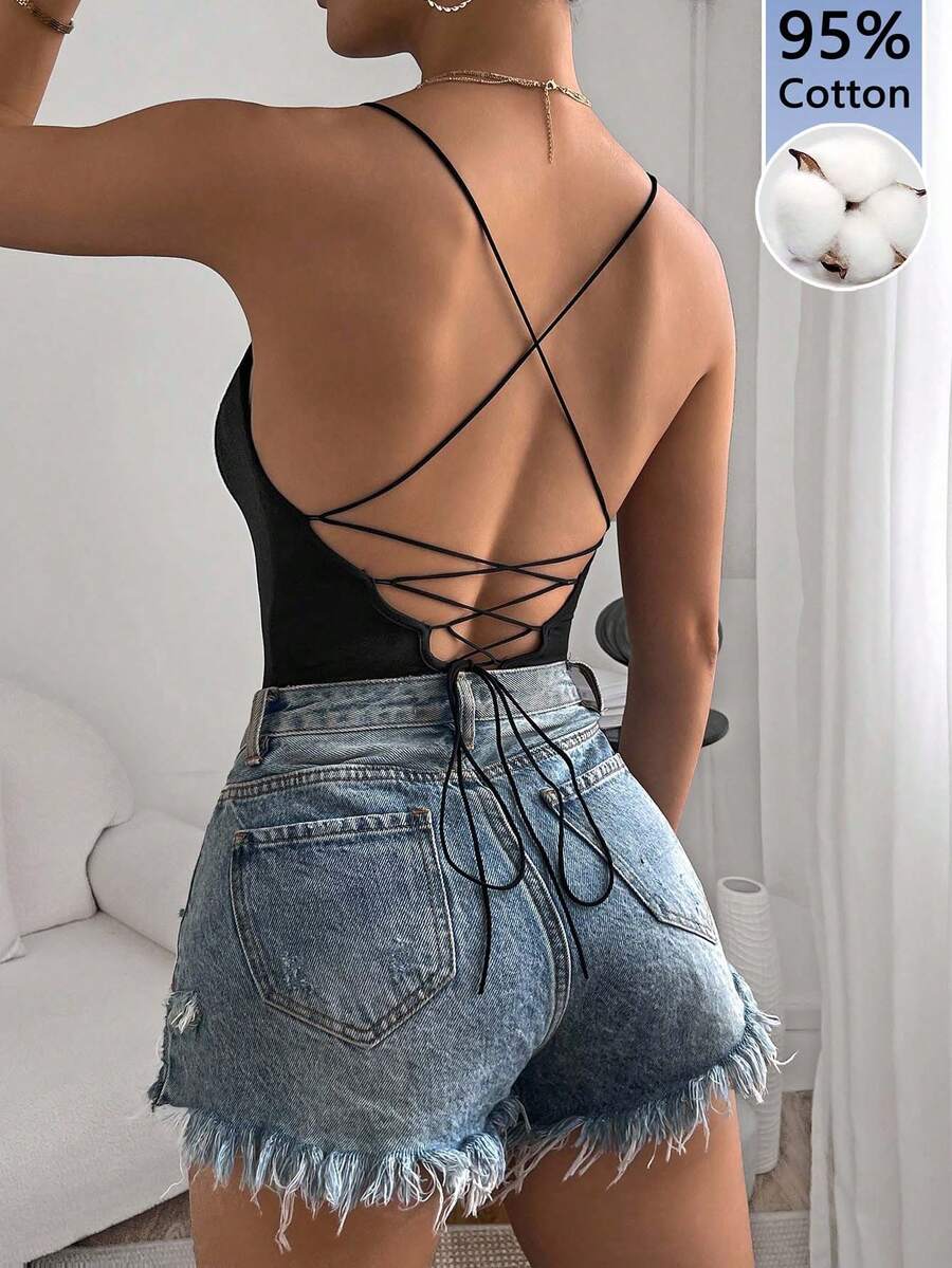 SHEIN Essnce 95%棉黑色性感交叉露背细肩带连体裤 - 黑色 - 查看 1