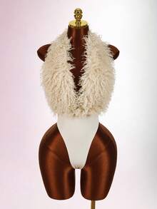 Body de cuello halter sexy y esponjoso de color vino tinto para fiesta - Albaricoque - Ver 3