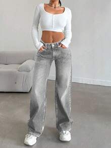 EURMUSE 100%Cotton Women's Low Waist Wide Leg Jeans With Pockets - Grey - View 3