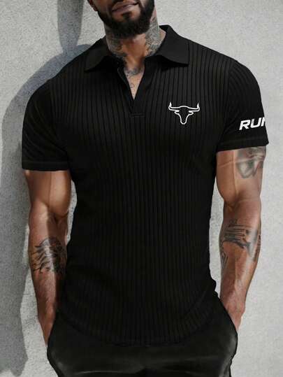 Manfinity Acti Log Men's Letter & Graphic Print Ribbed Polo T-Shirt