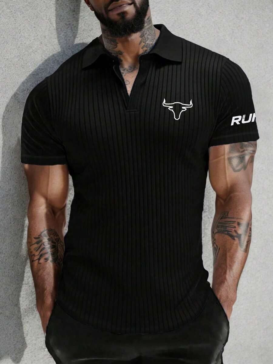 GymBeat Men's Letter & Graphic Print Ribbed Polo T-Shirt - Black - View 1