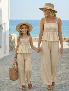 Emery Rose Kids Emery Rose Kids 2pcs/Set Young Girl  Sleeveless Top And Casual Pants In Light Yellow Beige Two Piece Set Cream Two Piece Set Pleated Set Two Piece Set Summer Two Piece Set Young Girl Ruffled Sleeveless Blouse And Pleated Loose Fit Trousers Ensemble Child Summer Outfit Summer Outfits Summer Tops - Blue - View 4