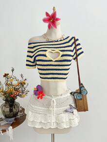 Elamini 女士彩色条纹镂空爱心休闲套头针织衫，时尚百搭，适合海滩/度假穿着，春夏款 - 彩色 - 查看 4