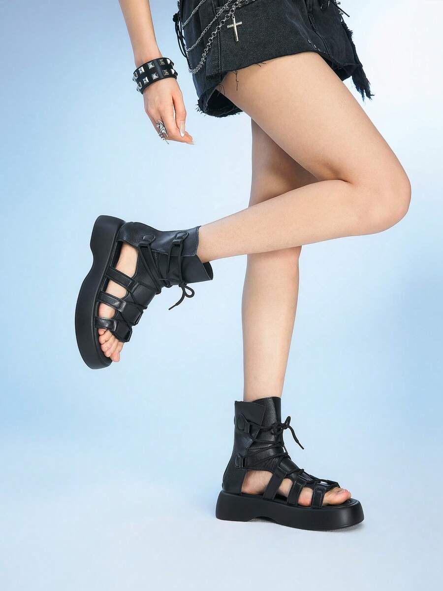 Sugerpunk Women's Wedge Heel Platform Sandals Summer Open-Toed Roman Beach Sandals Wedge Heel Platform Dark Rock Punk Shoes High-Top Cool Boots 2000s Style Summer Shoes - Black - View 1