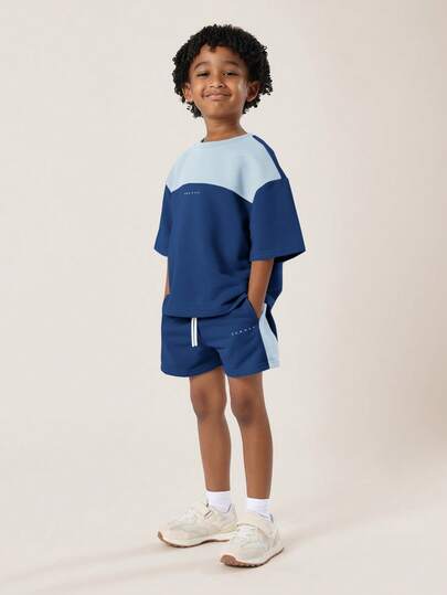 SUMWON Boys Summer Color Block T-Shirt And Shorts Coordinated Set With Paneled Design And Ribbed Details