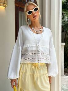 MainGRL 白色蕾丝领休闲度假衬衫，春夏款 - 白色 - 查看 6