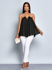 SOLERSUN Áo tank top hai dây xếp lớp, cổ chữ V sâu, chất liệu lấp lánh, chất liệu vải cao cấp dành cho nữ. - màu đen - Xem 7