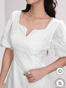 Modelyn V-Neck Puff Sleeve Eyelet Embroidery White Dress - White - View 1