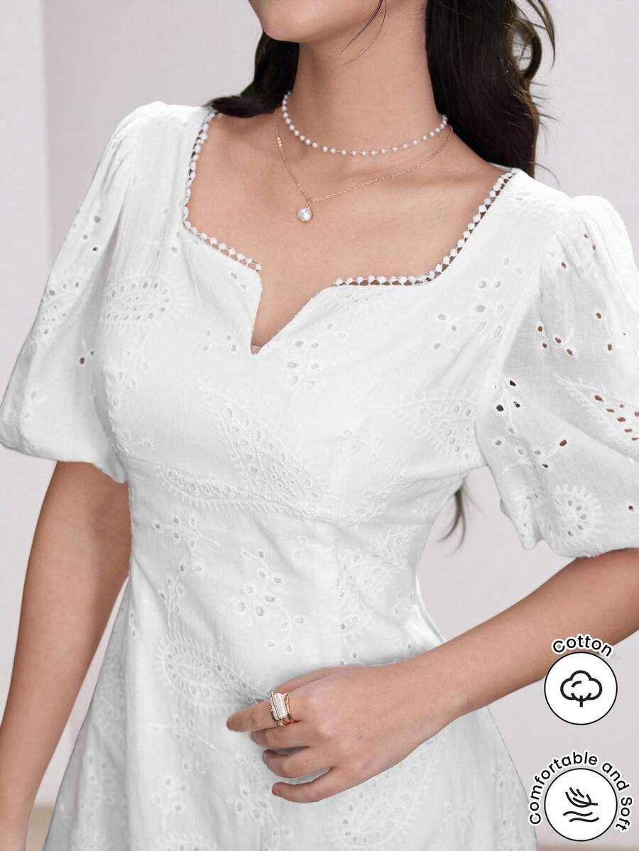 Modelyn V-Neck Puff Sleeve Eyelet Embroidery White Dress - White - View 1