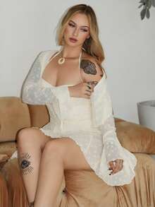 Arliah 2 件套女士秋冬时尚蕾丝花边吊带背心和蕾丝领带腰部 A 字迷你连衣裙套装 - 杏色 - 查看 3