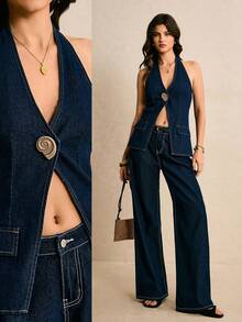 Poéselle Blusa de mezclilla con escote halter y espalda descubierta, sexy para el verano - Azul lavado oscuro - Ver 1