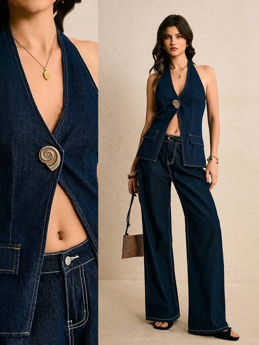 Poéselle Blusa de mezclilla con escote halter y espalda descubierta, sexy para el verano - Azul lavado oscuro - Ver 1