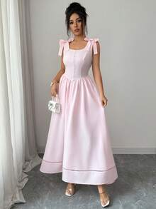 Selianne Women's Elegant Light Pink Summer Tea Party Long Dress,Square Collar Bowknot Shoulder Straps,Single-Breasted Flared Hem Vintage Wedding Guest Dress - Pink - View 4
