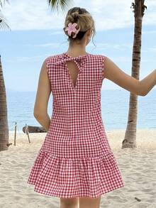 SHEIN MainGRL Sweet Red Plaid Gingham Sleeveless Ruffle Hem Mini Dress With Back Tie Cutout Easter Beach Vacation Picnic Coquette Summer Outfit For Women 2026 Spring/Summer - Red and White - View 2