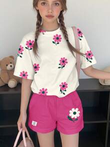 两件套少女休闲碎花短袖上衣短裤套装，宽松舒适的夏季服装 - 彩色 - 查看 1