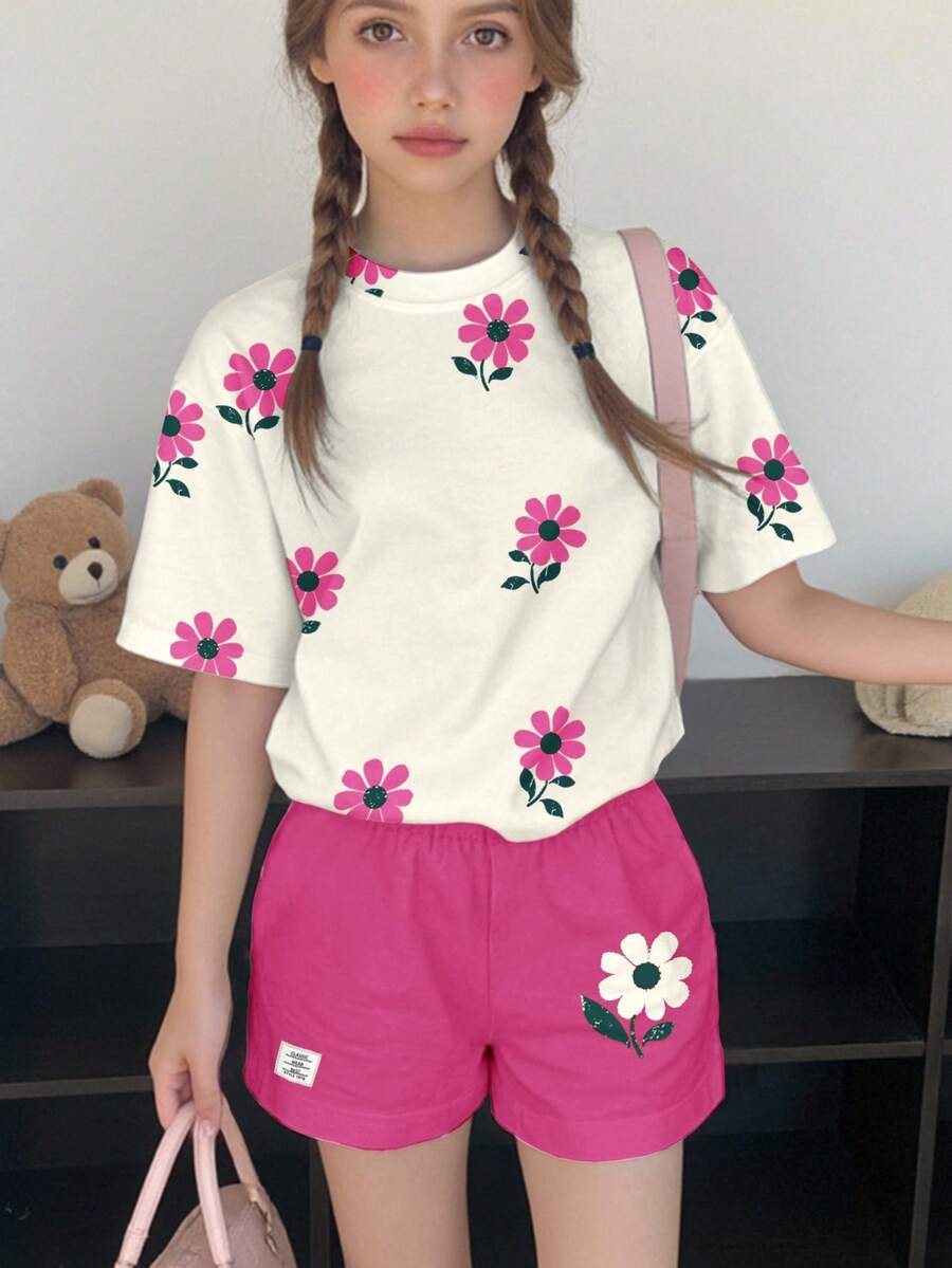 两件套少女休闲碎花短袖上衣短裤套装，宽松舒适的夏季服装 - 彩色 - 查看 1