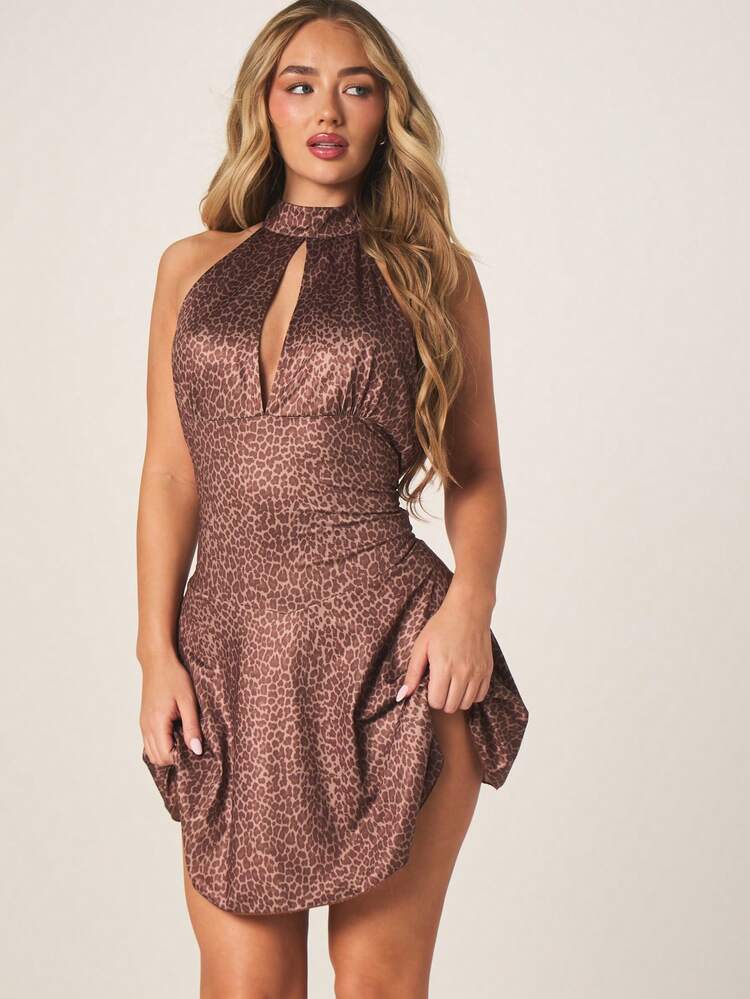 MISSGUIDED Leopard Print Halter Neck Keyhole Cut Out Mini Dress With Ruched Waist Detail And Open Back Design For Party Cocktail Evening Occasions