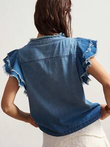 Bohemela 休闲纯色梭织宽松荷叶边下摆女式衬衫 - 藍色 - 查看 9