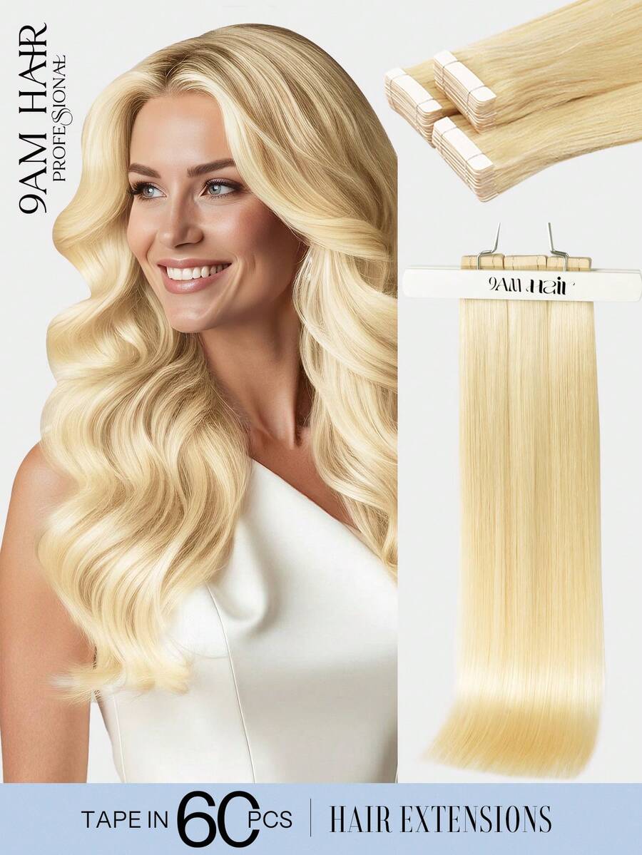 60pcs Tape In Hair Extensions 100% Human Hair #613 Blonde Straight Style In 14-22 Inch Lengths Extensions Silky Seamless Invisible Top Quality Thick Ends Healthy Human Hair Extensions For Thin Hair And Salon Use And For All Women/Girls Daily Use - S613 - View 1
