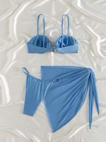 Costavie Swim Bonvoyette 三件套泳衣，纯色网纱面料，金色贝壳装饰，钢圈文胸，比基尼泳裤和裙子，性感女士泳装三件套，适合春夏度假 - 藍色 - 查看 2