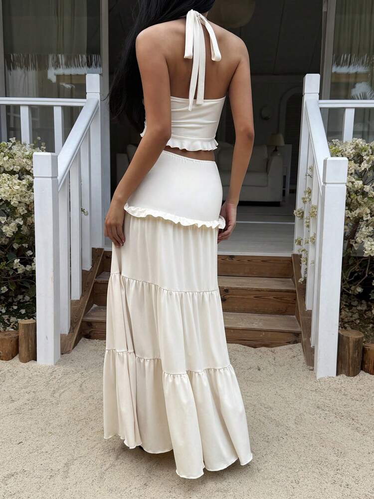 Women's Elegant Beach Wedding & Event, Graduation Party, Holiday Sleeveless Ruffle Halter Top And Casual Skirt 2-Piece Set, Summer Cruise Outfit For Women