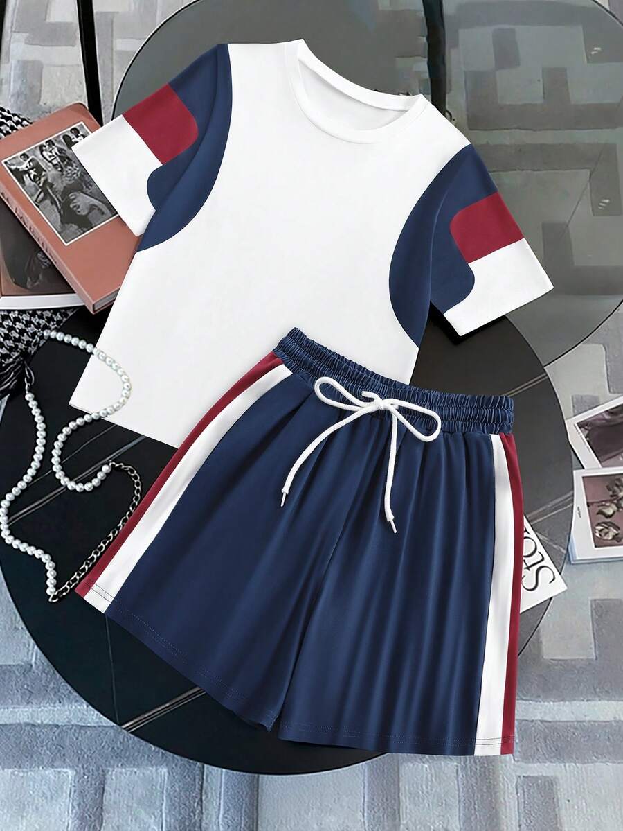 SHEIN LUNE Damen Rundhals Loose Kordelzug Taille Bedrucktes Design Kurz Lässig Sport Minimalistisch Pendler Stil Oberbekleidung, geeignet für Frühling/Sommer Alltag - Verschiedenfarbig - Übersicht 1