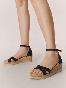 Styleloop Giày sandal đế xuồng cao gót cho nữ, chất liệu vải dệt, thiết kế quai chéo, gót dây thừng, phụ kiện không thể thiếu cho kỳ nghỉ, phong cách bohemian, lễ hội âm nhạc, tiệc tùng, phong cách retro Mỹ, trang phục ngày lễ, đồ dùng cần thiết khi đi du lịch. - Đen nâu đậm - Xem 2