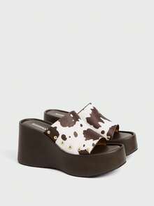Sugerpunk Giày sandal đế xuồng cao gót họa tiết da bò đính đinh tán kiểu Nhật Bản, sandal phong cách punk sinh viên, giày đế xuồng phong cách đường phố punk dành cho nữ. - Rỉ Nâu - Xem 2
