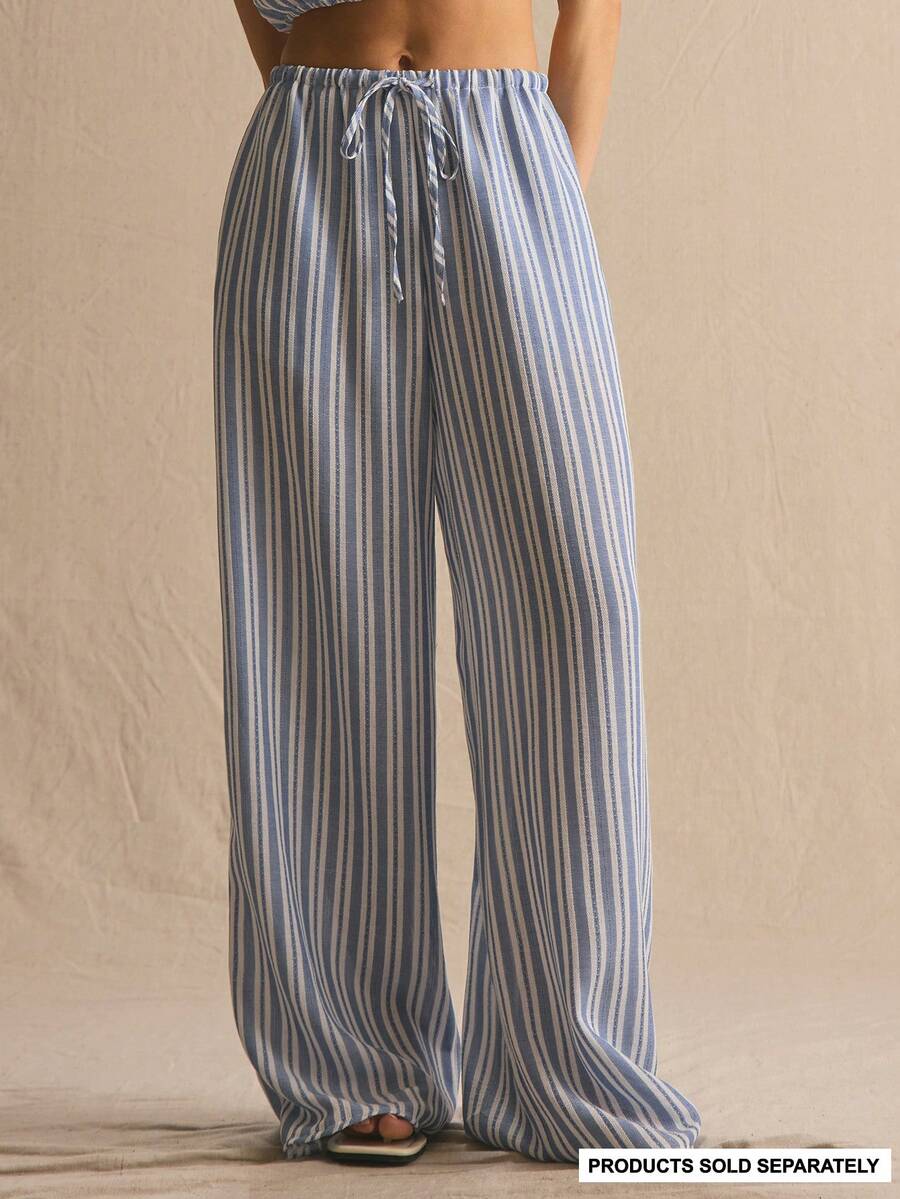 MUSERA Stripe Drawstring Wide Leg Co-Ord Trousers Only Spring Summer Cosy Cute Daily Girly Vacation Spring Outfit Casual Easter Casa De Muse - Blue and White - View 1