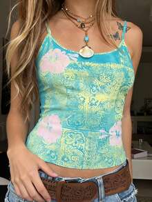 SHEIN Gradient Tie Dye Floral Print Camisole - Green - View 3