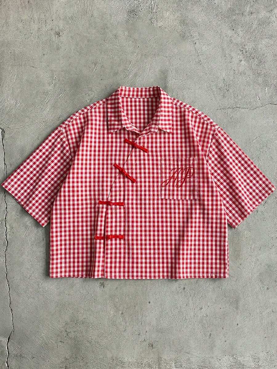 AXEPEAK Camisa de manga corta con botones y estampado a cuadros de estilo chino para hombres de talla grande