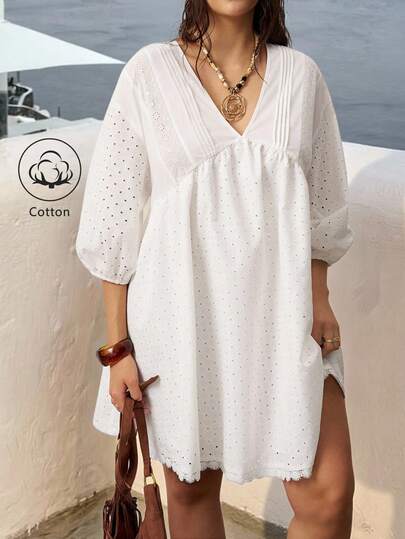 Enliva Vestido corto y holgado de mujer talla grande con estampado jacquard