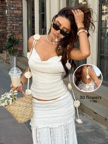 Serisse Women's Cream White 3D Floral Decor Cami Top,Textured Slim-Fit Draped Camisole,Elegant Tropical Summer Vacation Holiday Party Wedding Ceremony Tank - Apricot - View 2