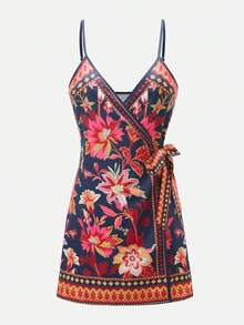 Swim Oasis 女士度假休闲热带印花系带吊带裹身裙 - 藍色 - 查看 2