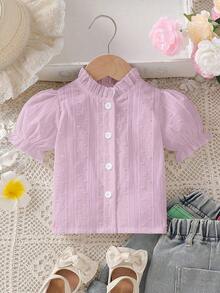 SHEIN Vintaside Kids 2026新款女婴夏季柔软舒适面料，时尚新款，度假旅行必备，女婴白色休闲纹理短袖衬衫，适合外出、休闲和聚会。 - 粉色 - 查看 6