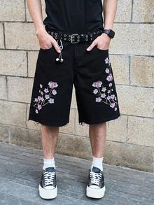 Manfinity EMRG Men's Floral Embroidery Pattern Casual Versatile Daily Wear Wide Leg Denim Shorts - Black - View 5